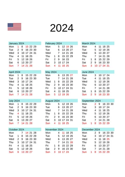 Calendário Ano 2024 Língua Inglesa Com Feriados Dos Estados Unidos —  Vetores de Stock