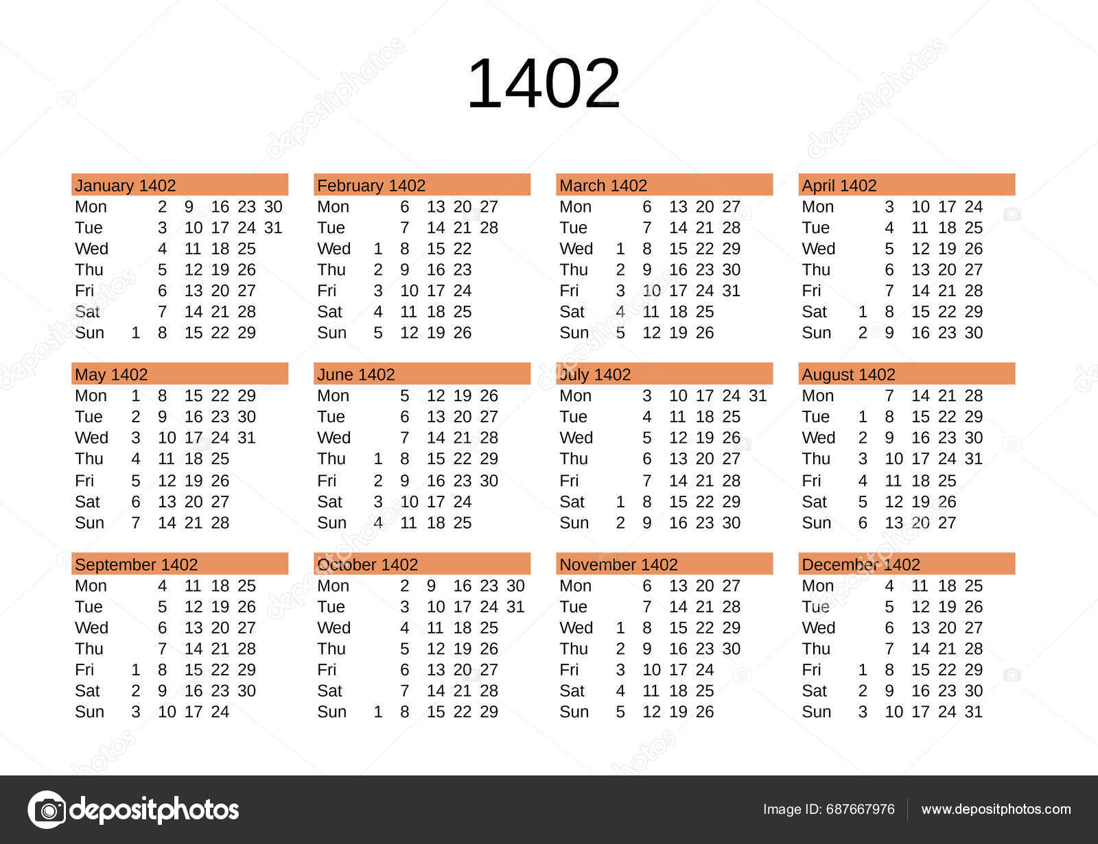 Calendar Year 1402 English Language Stock Vector by ©claudiodivizia