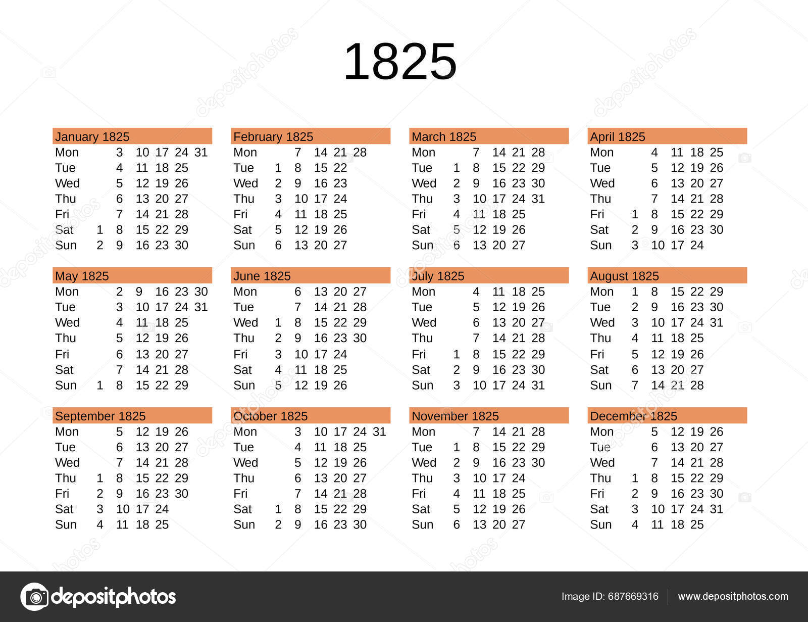 Calendar Year 1825 English Language Stock Vector by ©claudiodivizia