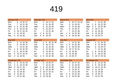 İngilizce 419 yılının takvimi