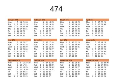 İngilizce 474 yılının takvimi