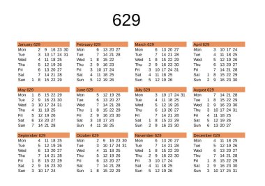 İngilizce 629 yılının takvimi