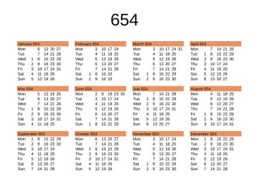 İngilizce 654 yılının takvimi