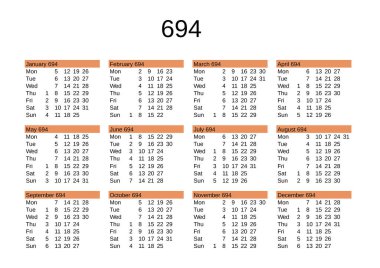 İngilizce 694 yılının takvimi