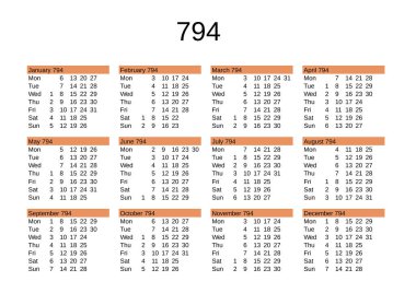 İngilizce 794 yılının takvimi