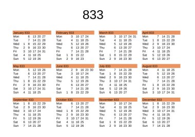 İngilizce 833 yılının takvimi