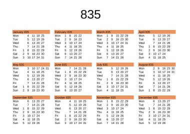 İngilizce 835 yılının takvimi