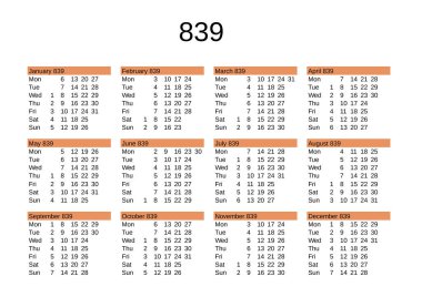 İngilizce 839 yılının takvimi