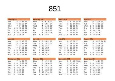 İngilizce 851 yılının takvimi