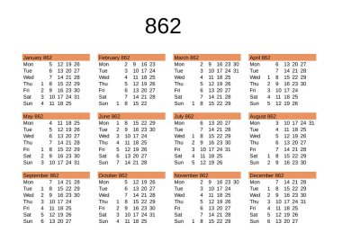 İngilizce 862 yılının takvimi