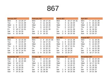 İngilizce 867 yılının takvimi