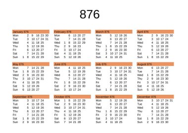 İngilizce 876 yılının takvimi