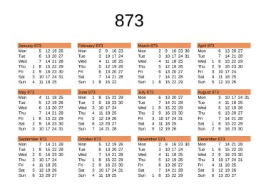 İngilizce 873 yılının takvimi