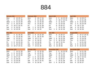 İngilizce 884 yılının takvimi