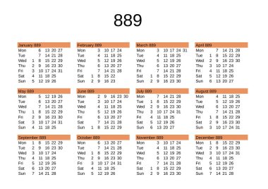 İngilizce 889 yılının takvimi