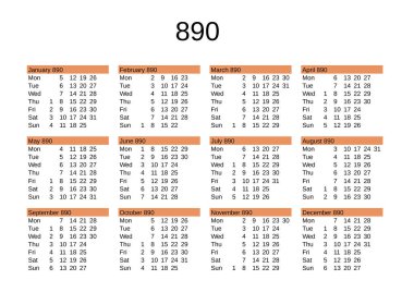 İngilizce 890 yılının takvimi