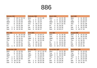 İngilizce 886 yılının takvimi