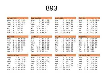 İngilizce 893 yılının takvimi.