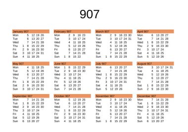 İngilizce 907 yılının takvimi