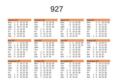 İngilizce 927 yılının takvimi