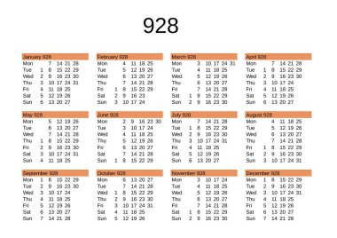 İngilizce 928 yılının takvimi