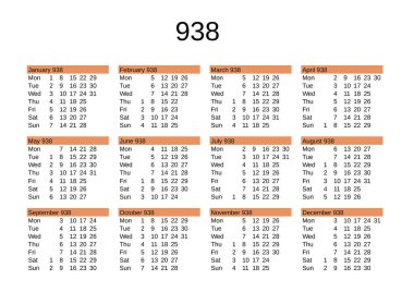 İngilizce 938 yılının takvimi