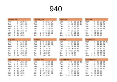 İngilizce 940 yılının takvimi