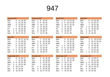 İngilizce 947 yılının takvimi