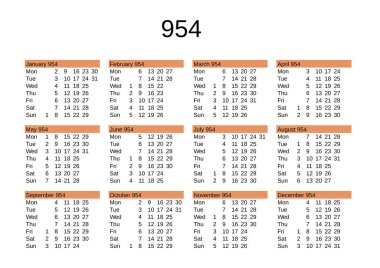 İngilizce 954 yılının takvimi