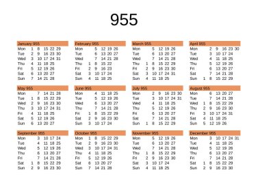 İngilizce 955 yılının takvimi