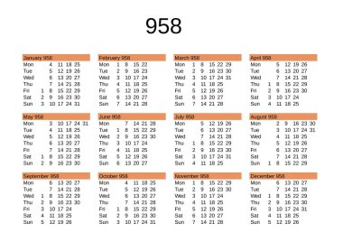 İngilizce 958 yılının takvimi