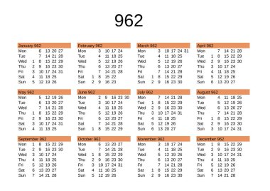 İngilizce 962 yılının takvimi