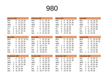 İngilizce 980 yılının takvimi