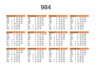 İngilizce 984 yılının takvimi