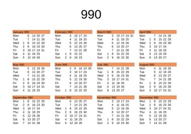 İngilizce 990 yılının takvimi