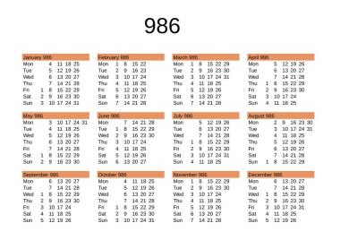 İngilizce 986 yılının takvimi