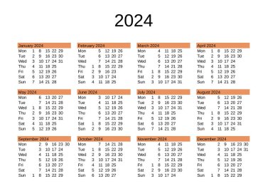 2024 yılının takvimi İngilizce