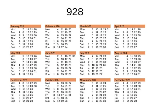 İngilizce 928 yılının takvimi