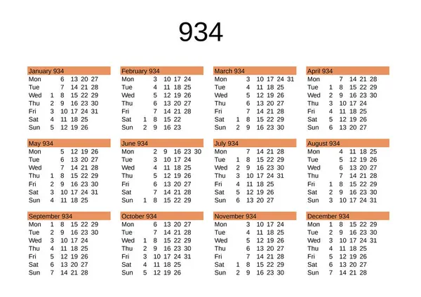 İngilizce 934 yılının takvimi