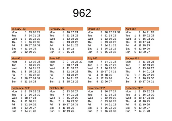 İngilizce 962 yılının takvimi