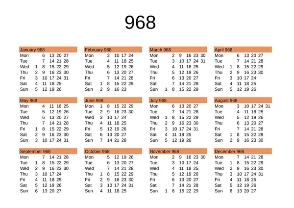 İngilizce 968 yılının takvimi