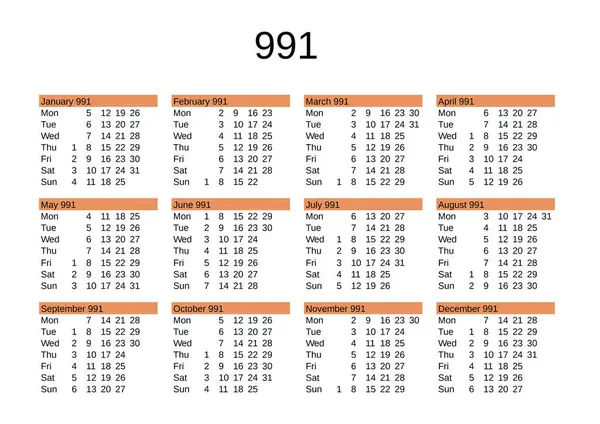 İngilizce 991 yılının takvimi
