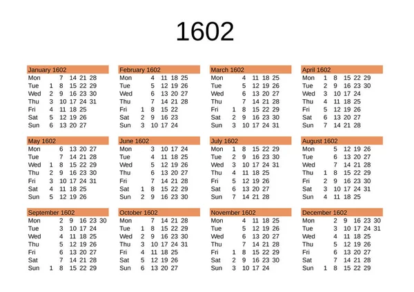 Calendário Ano 1602 Língua Inglesa — Vetor de Stock