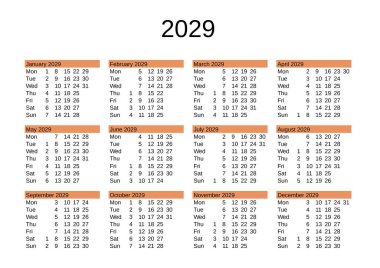 2029 yılının takvimi İngilizce