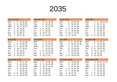 İngilizce 2035 yılı takvimi