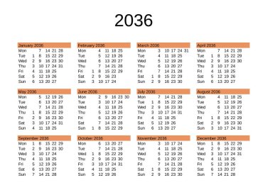 2036 yılının takvimi İngilizce