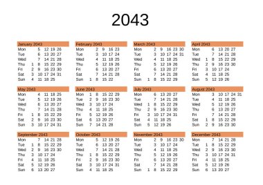 2043 yılının takvimi İngilizce