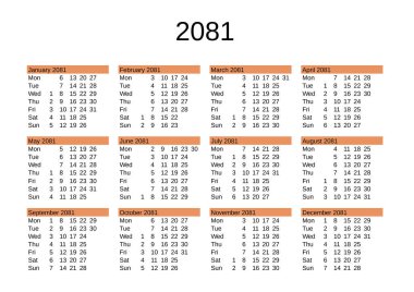 2081 yılının takvimi İngilizce