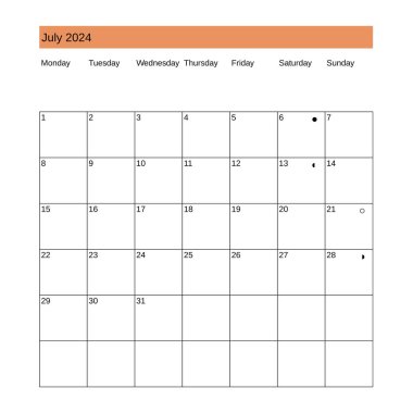 Temmuz 2024 takvimi İngilizce