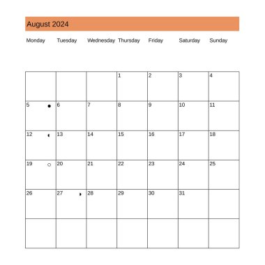 Ağustos 2024 takvimi İngilizce